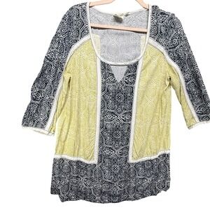 Lilka Shirt Womens Small Blue Yellow Boho‎ Tunic 3/4 Sleeve Rayon Anthropologie